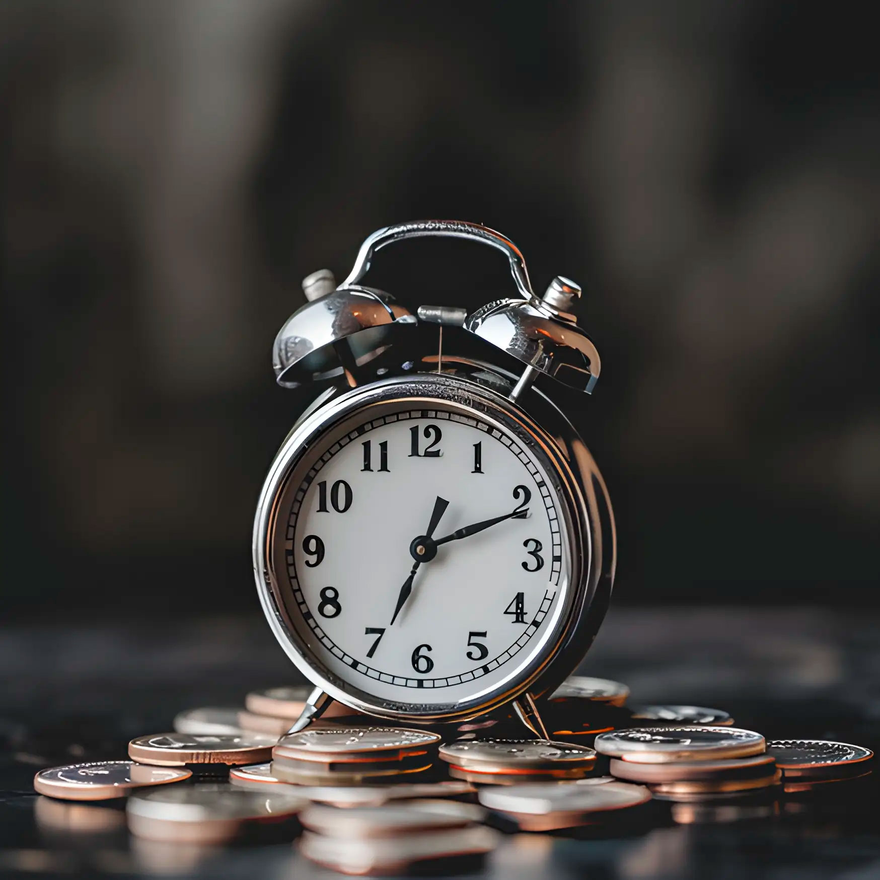 Eine silberne Retro-Alarmuhr steht auf einem Stapel Münzen, die Kreativität und Zeitmanagement symbolisieren.